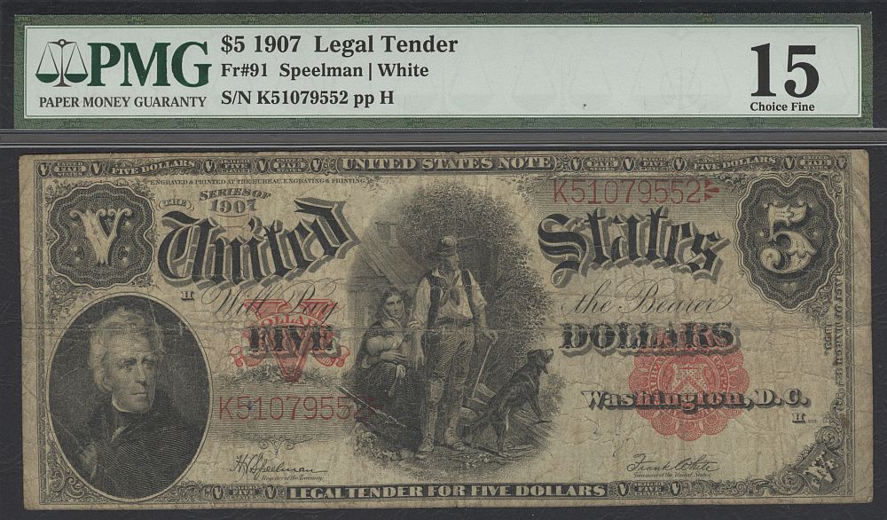 Fr.91, 1907 $5 Legal Tender "Woodchopper" Note, Choice Fine, PMG-15, K51079552